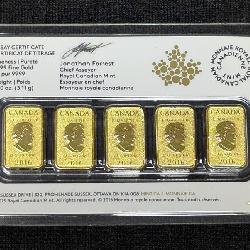 2016 Royal Canadian Mint $25 Gold 5-Bar Set, Each Bar Is 1/10 Oz .9999 Gold