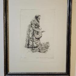 Original signature and printed signature by German artist Paul Geissler of a woman selling produce m