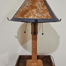 One Mission Oak Style wood table lamp with round panel Mica shade at 27