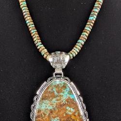 Large Kingman Turquoise and Sterling Silver Statement Pendant On 10mm Kingman Turquoise Heishi Disc 