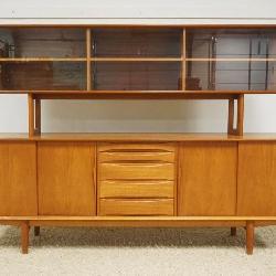 DANISH MODERN 2 PART SERVER, HAVING 5 DRAWERS AND SLIDING GLASS DOOR TOP, TOP AND BOTTOM ARE DIFFERENT, MARKED TERRING MOBELFUBRIK - SKOVBY MOBELFABRIK, APPROXIMATELY 87 IN W X 19 IN D X 62 IN H