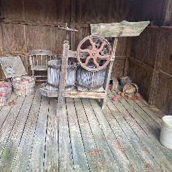 Vintage Apple Cider Press with Jars, Baskets and Sign
