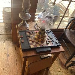 Wood Table With Oil Lamps & Checkerboard Table Set