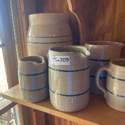 Collection of Stoneware Pitchers and Large Jar With Clean Blue Line Stripes