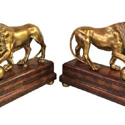 Pair of beautiful Theodore Alexander full body bronze lions on leather wrapped bases www.SouthJerseyAuction.com