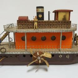 FOLK ART WOOD PADDLE WHEEL BOAT, APPROXIMATELY 28 IN X 9 IN X 13 IN HIGH