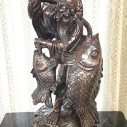 Vintage Chinese Hand Carved Large Fisherman Statue