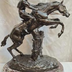 Bronze Jumping Horse & Jockey Statue w Marble Base