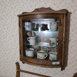 Oak Locked Wall Cabinet and Vintage Shaving Cups & Brushes