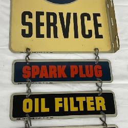 1947 AC Service Flange Sign with Spark Plug, Oil Filter, and Fuel Pump Panels