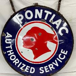 Single-Sided 42-Inch Porcelain ‘Pontiac Authorized Service’ Sign with Original Ring