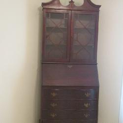 VINTAGE MAHOGANY SECRETARY DESK , TOP BOOKCASE W/ FINIALS, DROP DOWN FRONT, 4 DRAWERS BALL ON CLAW F