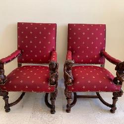 Circa 1820 Pair Of Italian Armchairs With Arms Terminating In Carved Nude Male Figures.