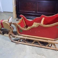 Oak Santa Sled wiht 6 reindeer Rudolph nose lights up