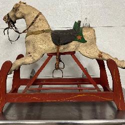 Wooden Rocking Horse with Painted Saddle and Red Frame