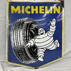 1939 Porcelain Michelin Man Sign with Tire Motif, Single-Sided, Self-Framed, 26 x 30 Inches