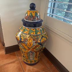 Vibrant Talavera-style ceramic jar with
