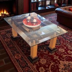 Grady Mathews Mixed Wood Coffee Table with Glass Top from Northwest Woodworkers Gallery Est $4.500