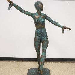 1297	LIFE SIZE BRONZE FIGURE OF WOMAN WITH HEAD DRESS DANCING SIGNED DHCHI PARUIS 1918 C IN CIRCLE A