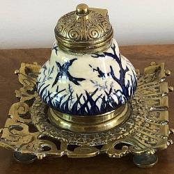 M - 1900'S BRASS & PORCELAIN INKWELL (ENGLISH)