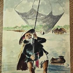 M - ASIAN FISHERMAN WATERCOLOR ART 17X12