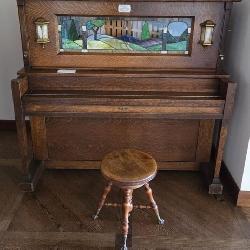 M - ANTIQUE PLAYER PIANO W/ STAINED GLASS PANEL
