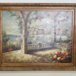 1115	LARGE FRAMED OIL ON CANVAS, MEDITERRANEAN SHORE SCENE, SIGNED LOWER LEFT, APPROXIMATELY 58 IN X 46 IN OVERALL