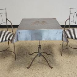 1242	MID CENTURY MODERN METAL TABLE WITH 2 CHAIRS, TABLE TOP DESIGN OF FOLDED LINEN TABLE CLOTH, TABLE APPROXIMATELY 31 IN SQ X 28 IN H, EACH CHAIR APPROXIMATELY 20 IN X 21 IN X 34 IN H, SOME SURFACE 
