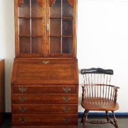 1257	SOLID CHERRY DUCKLOE BROS 2 PIECE SECRETARY DESK WITH WAVY GLASS PANELS AND WINDSOR STYLE CHAIR
