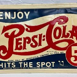 Emb. Early Pepsi-Cola Double Dot 5 Cent Advertising Sign, 56×31 Inches