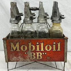 Mobil Oil Rack with 8 ‘BB’ Glass Bottles with Metal Spouts 