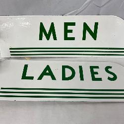 Double-Sided Porcelain ‘Men’ and ‘Ladies’ Bathroom Flange Signs, 15×5 Inches