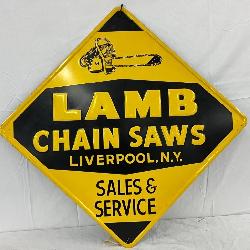 Embossed Metal ‘Lamb Chain Saws’ Sales and Service Sign, 32 1/2 Inches