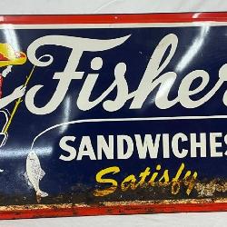Metal ‘Fishers Sandwiches Satisfy’ Advertising Sign, 48 x 24 Inches