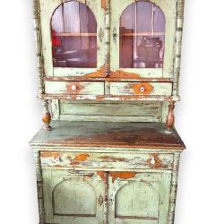 338-1 Antique 2pc Original Green Paint Stepback Cupboard www.SouthJerseyAuction.com