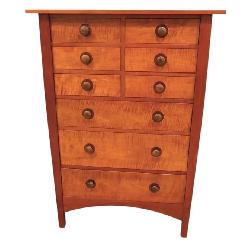 Lot 500:Stickley Harvey Ellis beautiful rare model 6 over 3 drawers high chest in the tiger maple and cherry.