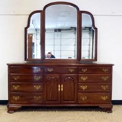 1178	ETHAN ALLEN CHERRY CHEST WITH TRIPLE BEVELED MIRROR, REEDED CHAMFERED SIDES, APPROXIMATELY 75 I