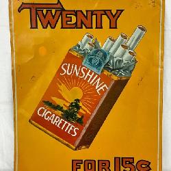 Early Tin Tacker Sign Advertising Sunshine Cigarettes, 14in x 18in
