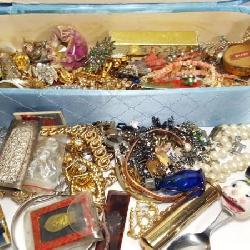 Blue Satin Box Full Of Vintage Jewelry & Stuff