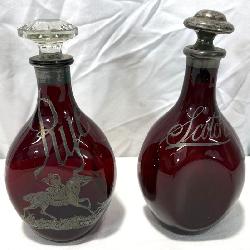 Lot # : 101 - Sterling Silver Overlay Ruby Glass Decanters