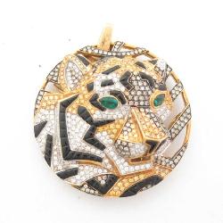 Cartier Panther Tiger Unique Fancy Diamond Pave & Black Onyx 18K Gold Medallion Pendant