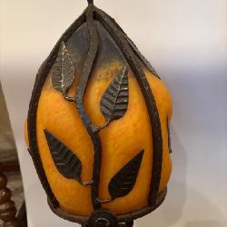 Art Deco Wrought Iron & Mottled Glass Table Lamp - Spiral Base