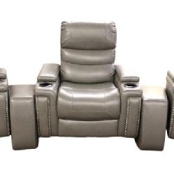 Impressive like new 5 piece modular American Signature Furniture power light gray leather theatre reclining chairs with accented tacking, under carriage theatre lighting, ample storage in lift arms