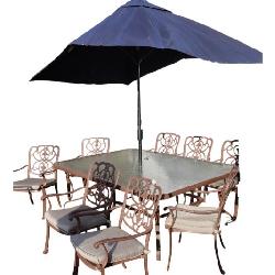 Lot 638:  12pc glass top cast aluminum patio set with umbrella www.SouthJerseyAuction.com