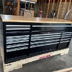 72 in. W x 24 in. D Standard Duty 18-Drawer Mobile Workbench Tool Chest with Solid Wood Top in Gloss Black