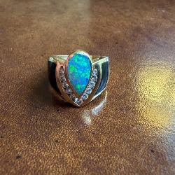 14K Yellow gold , Black Opal Doublet, Dimond and Black Jade Ring.