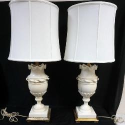 1135	LARGE PAIR OF CARVED ALABASTER URN TABLE LAMPS, EACH APPROXIMATELY 37 IN H