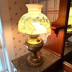 Antique Bradley & Hubbard No. 4 Radiant Fancy Brass Lamp with Painted Glass Shade