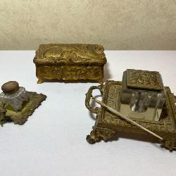 Antique Brass Inkwell Set