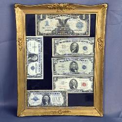 Framed US Silver Certificates, Includes Black Eagle Note, $2 Red Seal, $10 Blue Seal, $5 Blue Seal, 